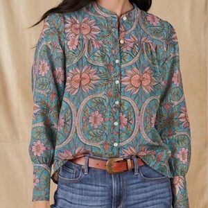 Sundance Catalog By OLIPHANT Teal Floral “Darby Blouse” Size L $198